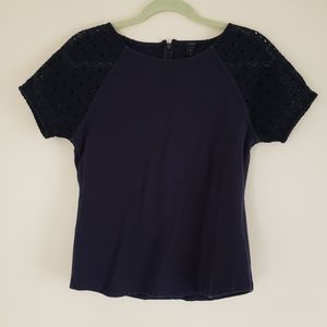 J. Crew Eyelet Lace Sleeved Top Tee Shirt Blouse Small Navy Blue